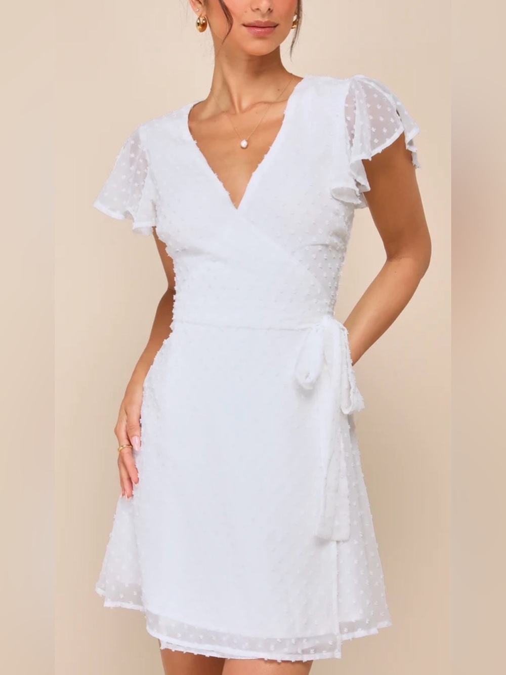 Lulu's Much to Celebrate White Swiss Dot Flutter Sleeve Wrap Mini Dress - Picture 1 of 2